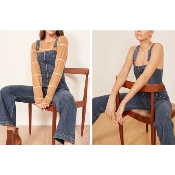 Reformation Jenny Zip Front Denim Jumpsuit Cropped Wide Leg Jean Overalls Kasai - Picture 11 of 13